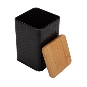 Square Coffee Tin Kitchen Food Grade Powder Coating Square Bamboo Storage Can Wooden Lid Coffee Tea Biscuit Tin Box Set