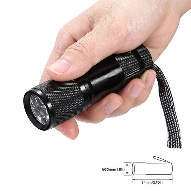 Super leichte Mini 9 LED leistungs starke schwarz violette UV-Licht Taschenlampe 395nm Aluminium Promotion Geschenk Kinder Taschenlampe für Outdoor-Notfall