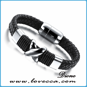 Véritable bracelet en cuir hommes en acier inoxydable en cuir tresse Bracelet avec boucle magnétique claps pulseiras masculina - Product Image 2