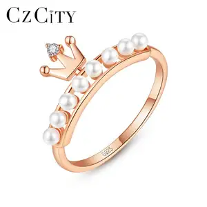 Czcity Sterling Zilveren Parel Ring Instellen Mode 925 Vrouwen Sieraden Rose Gold King Crown Ringen Voor Vrouwen Meisjes Huwelijkscadeau