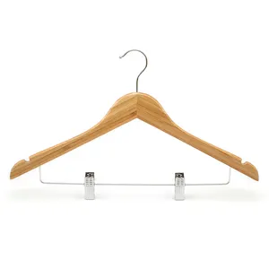 Assessed Supplier LINDON Wholesale Natural Bamboo Clothes Hangers with Notches and Chrome Clips
