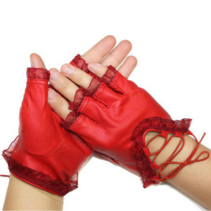 Guantes de piel de oveja para mujer, sin dedos, color rojo, elegantes