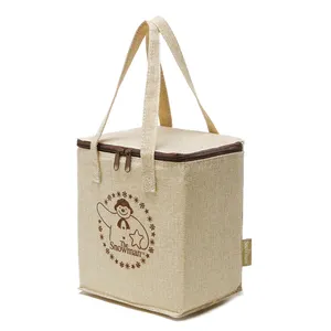 Geïsoleerde folie voering jute koeltas koele carry lunch tas thermic picknick tas