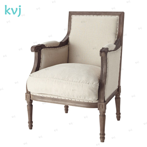 Sillón Individual KVJ-7860 Estilo Luis con Acabado de Madera Envejecida y Tapicería de Lino - Product Image 1