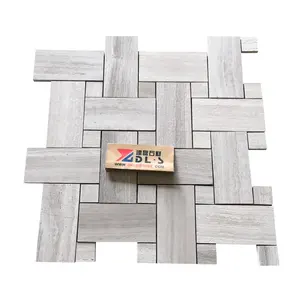 White Wooden Wall and Floor Stone Marble Mosaic Tiles On Mesh