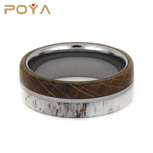 POYA 보석 8mm 위스키 배럴 나무 웨딩 밴드 남성 여성을위한 사슴 뿔 상감과 평면 가장자리 텅스텐 카바이드 링 - Product Image 6