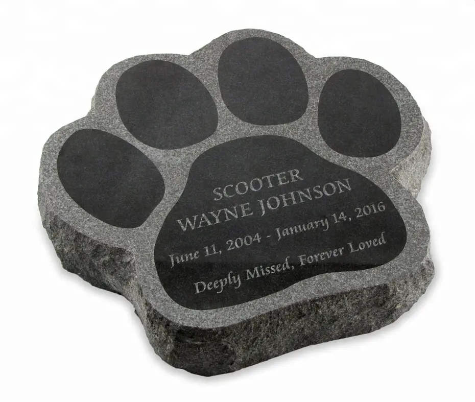 Paw พิมพ์เลเซอร์แกะสลักหินแกรนิตสีดำสัตว์เลี้ยง Memorial Headstone เครื่องหมาย
