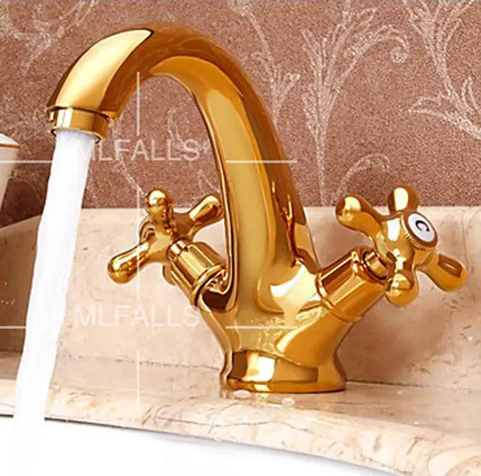 Grifo de baño de doble manija de lujo, mezclador de lavabo Vintage dorado, grifo de agua para lavabo antiaue dorado