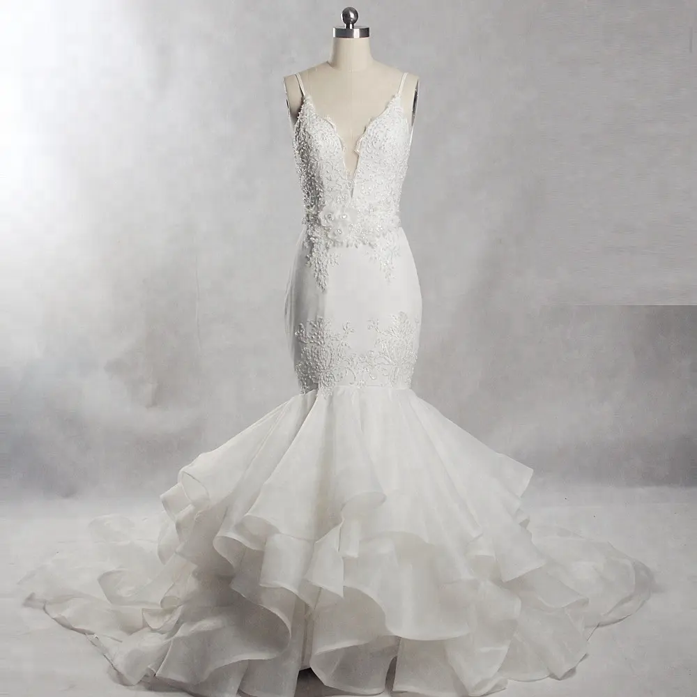 RSE559 Organza Ruffles Bridal Mermaid Wedding Dresses With Detachable Skirt