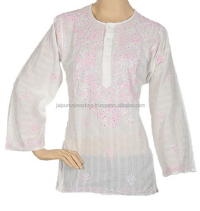 Tunique blanche à manches longues pour femmes, à col rond, motif de poulet Kurtis - Product Image 1