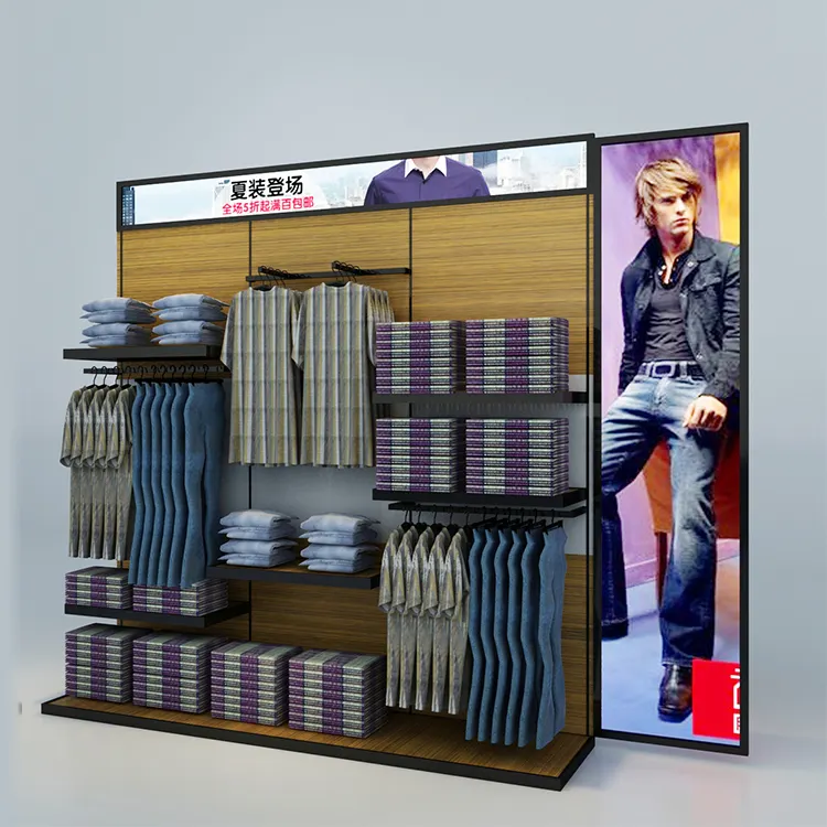 Commercial Wooden Wall Mounted Garment Display Shelves Men's Clothes Display Rack