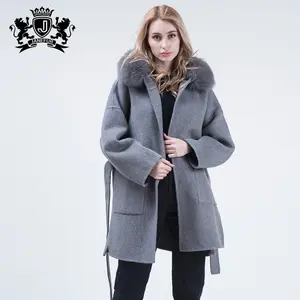 女装羊毛风大衣冬季长外套真正的蓬松狐狸毛皮胡德开士米毛皮大衣为夫人