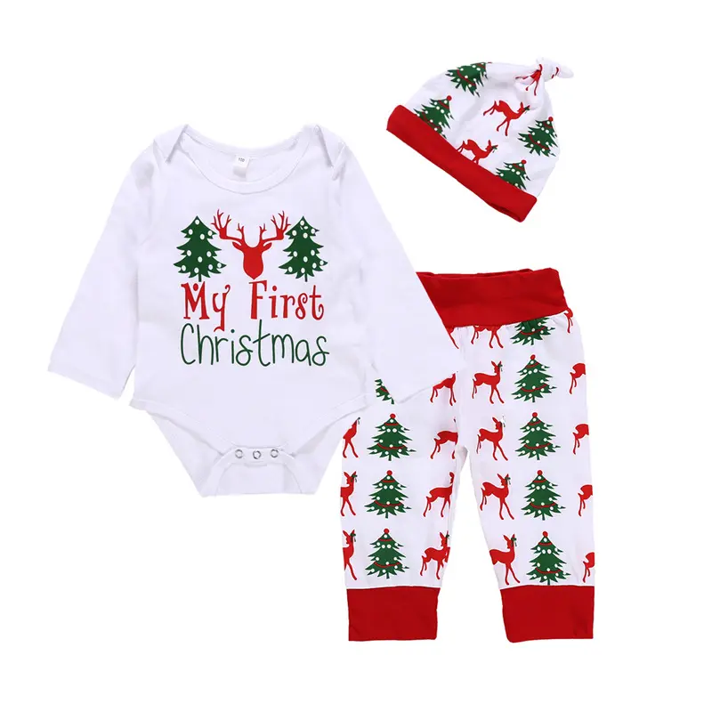 Groothandel Custom Kinderen Kerst Baby Lange Mouw Baby Gebreide Romper 3 stks Sets Met Hoed