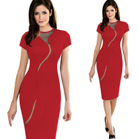 Thời Trang Cổ Tròn Sợi Lưới Nối Váy Gợi Cảm Ol Red Slim Fit Váy Thẳng
