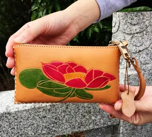 Tùy Chỉnh Lady Handmade Hoa Sơn Mô Hình Ví Da Với Wristlets Zip Xung Quanh Tiền Kẹp Đồng Xu Ví Cho Iphone