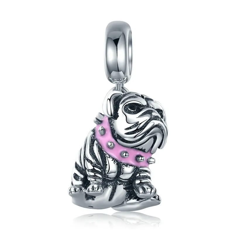 Qings Authentic 925 Sterling Silver Cute English Bulldog Dog Charm Beads fit Original Charm Bracelet DIY Jewelry Making