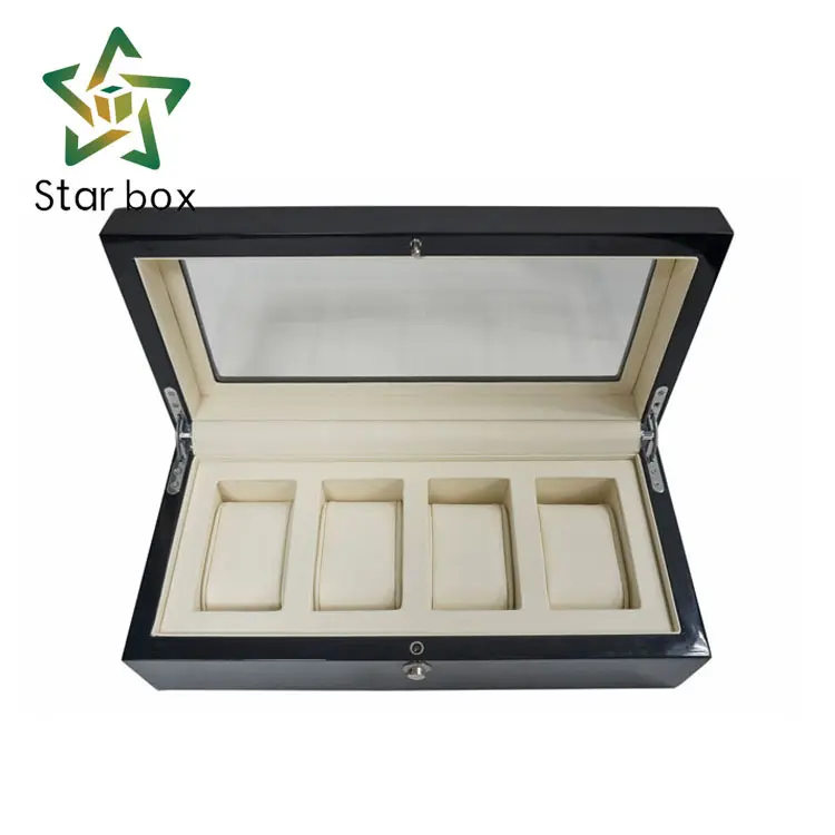 4 slots watch case velvet lining piano paint wood watch case glass skylight storage household wooden watch collection box