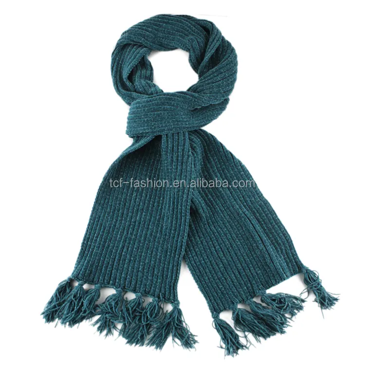 Customized Ladies' polyester fashion chenille yarn tassels knitted scarf