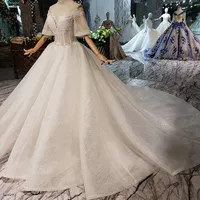 HTL281 платье невесты с коротким рукавом цвета слоновой кости кружевные платья со шлейфом бальное платье большого размера свадебное платье