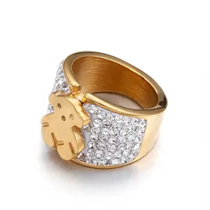 Trendy Stainless Steel Bear Design Yellow Gold Wide Rings Ladies Diamond Wedding Band