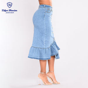 Gonne in <span class=keywords><strong>Denim</strong></span> a sirena lunga di nuovo Design all'ingrosso blu a metà polpaccio per le donne - Product Image 3