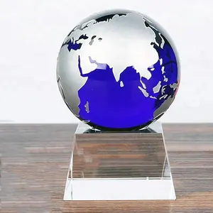 Exquisite World Map Sandblasted optical solid K9 glass blue Crystal Globe ball with base