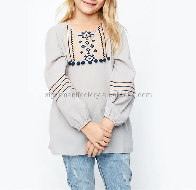 Spring Summer New Tops Children's Clothing Bohemia Embroidery Shirts Girls Bubble Sleeve Blouse STb-0946