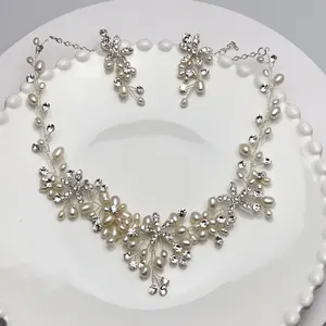 Nieuwe handgemaakte zoetwater parel strass bloem accessoires bridal wedding ketting oorbellen sieraden set