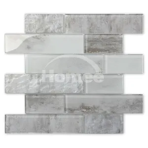 building decoration mesh mounted inkjet printing cement design kitchen backsplash crystal grey strip glass mosaic tile sheets