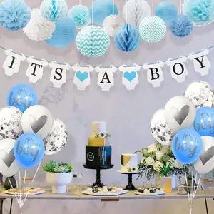 Umiss, Junge Baby Dusche Dekorationen Blau Thema Set Banner Papier Laternen Silber Konfetti Luftballons