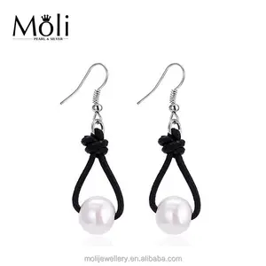 Retro Style Sterling Silver Hook Leather Freshwater Pearl Earrings