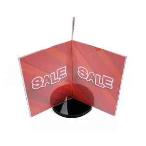 Customize Office Desk Top Clear 3 Sides Acrylic Rotating Sign Holder Turntables With Round Base