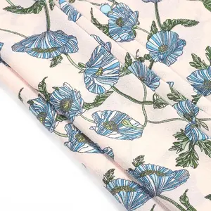 รูปแบบการพิมพ์ที่กำหนดเองโพลีเอสเตอร์ทอดอกไม้สีฟ้าพิมพ์ฟองเครปผ้า