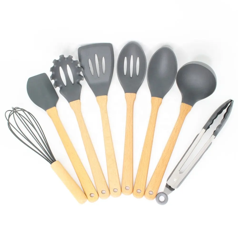 wholesale Eco-friendly Good Quality Kitchen Accessory Silicone and Wood Kitchen Utensil 8 Pieces