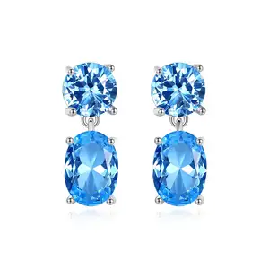 CZCITY Nickel Free 925 Sterling Silver Geometric Oval Earrings for Women Blue Topaz Double Oval Earring Jewelry