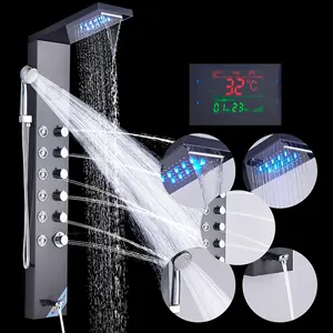 Grifo de ducha de baño de lujo, columna de Panel de ducha LED, mezclador de bañera con pantalla de temperatura de ducha de mano, negro/cepillado