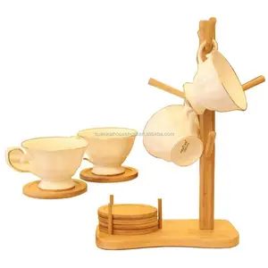 Di legno Smontabili Tazze di Tè Albero Titolare di Stoccaggio Cremagliera Di Bambù Tazze di Caffè Organizzatori Asciugatura Appeso Stand con 6 Coaster