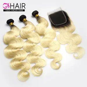 Brazilian Body Wave Human Hair Bundles With Closure 1B 613 Blonde Blonde Virgin Human Hair Bundles With Dark Root Lace Closure