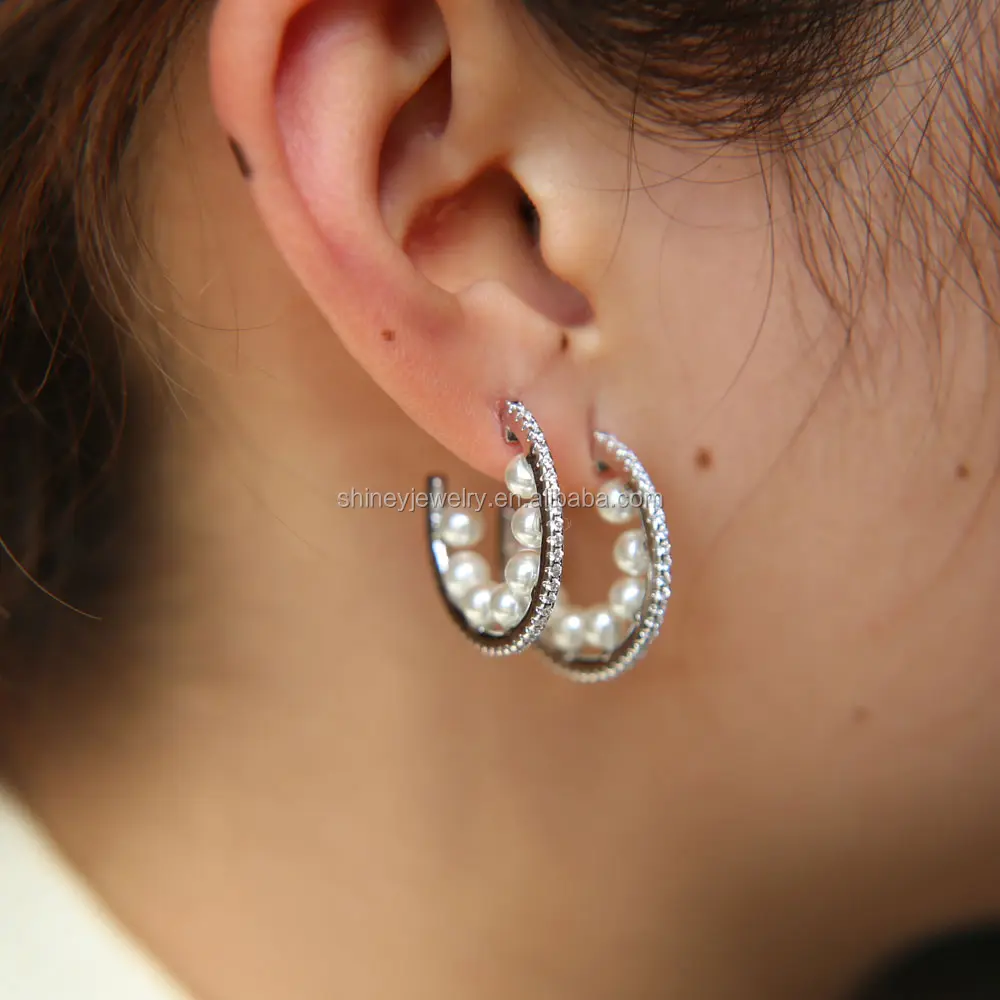 silver plated top quality cz circle hoop with pearl stone paved geometric round hoop earring for girl