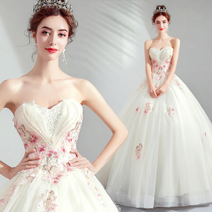 Primavera moda bordado flor cristal ornamento sin tirantes hasta el suelo color champán princesa <span class=keywords><strong>vestidos</strong></span> <span class=keywords><strong>de</strong></span> novia - Product Image 1