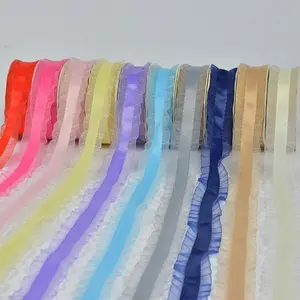 Stock colorful satin with wrinkle sheer organza ribbon for gift packing