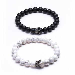 Bán Hàng Nóng Tự Nhiên Trắng Howlite Đá Mã Não Hạt Vòng Tay Của Anh Ấy Và Cô Ấy Vòng Tay Đôi Với Vương Miện Quyến Rũ - Product Image 1