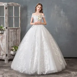 2019 Fashion Simple Boat Neck OffをShoulder Dream Bride Gown Real Photo Embroidery Lace Flowers Peals Wedding Dress