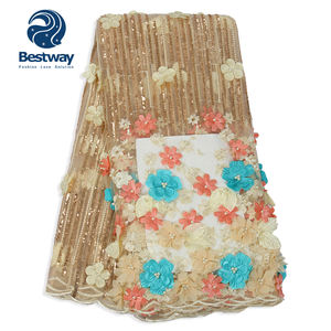 Bestway di alta qualità 5 Yard <span class=keywords><strong>africano</strong></span> 3D fiore abito da sposa perline di pizzo <span class=keywords><strong>africano</strong></span> ricamo per la festa nigeriana con paillettes FL0392 - Product Image 2