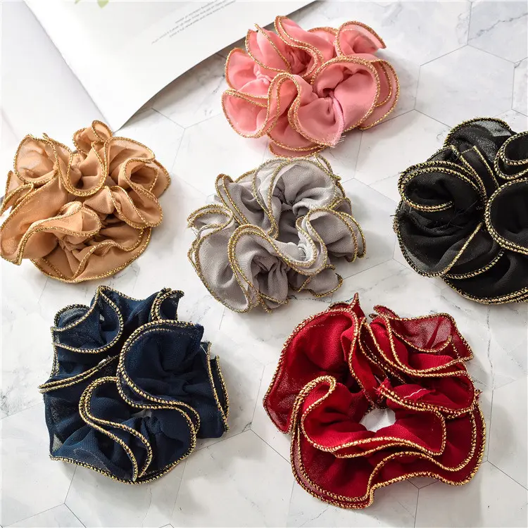 Promotion Gift Women Elastic Rubber Bands Solid Color Ponytail Holders Hair Accessory Gold Lace Pearl Scrunchies Hair Tie