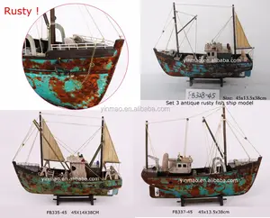 Rostigen antike holz fischerboot modell, 3 sets, 45X14X38cm, fisch fabrik schiff hand handwerk modell