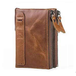 Cartera de piel auténtica con bolsillo y cremallera para hombre