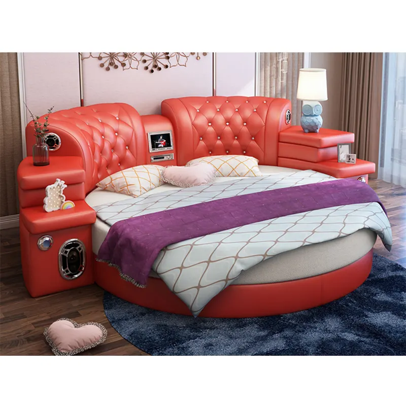 CBMMART king size cama redonda na venda, cama redonda de couro vermelho com colchão
