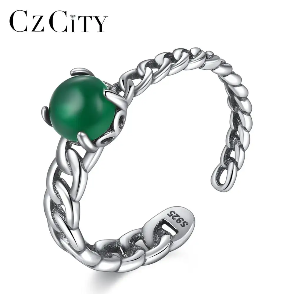 CZCITY 925เงินสเตอร์ลิงเปิดแหวนผู้หญิงรอบคริสตัลสีเขียวแฟชั่นขายส่งแหวนนิ้วปรับได้