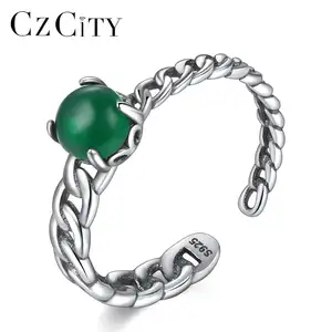 CZCITY 925 Sterling Silver Open Rings Women Round Green Crystal Fashion Design Wholesale Adjustable Finger Ring